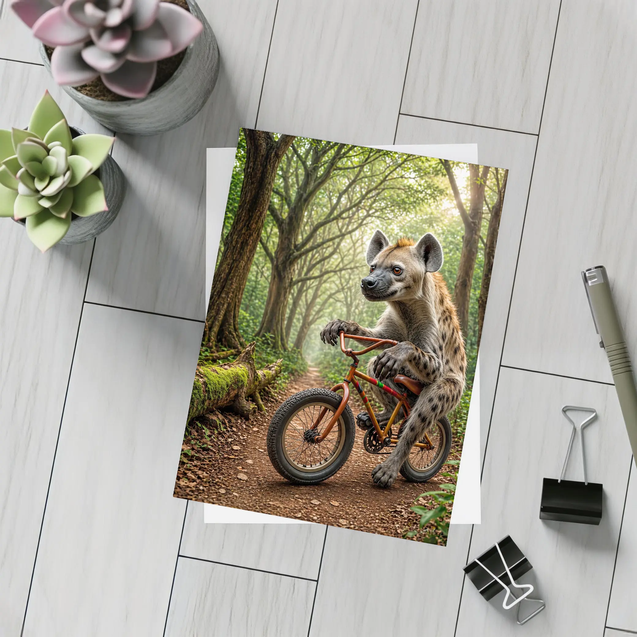 Hyena Riding Bicycle Through Forest Path – Postcards