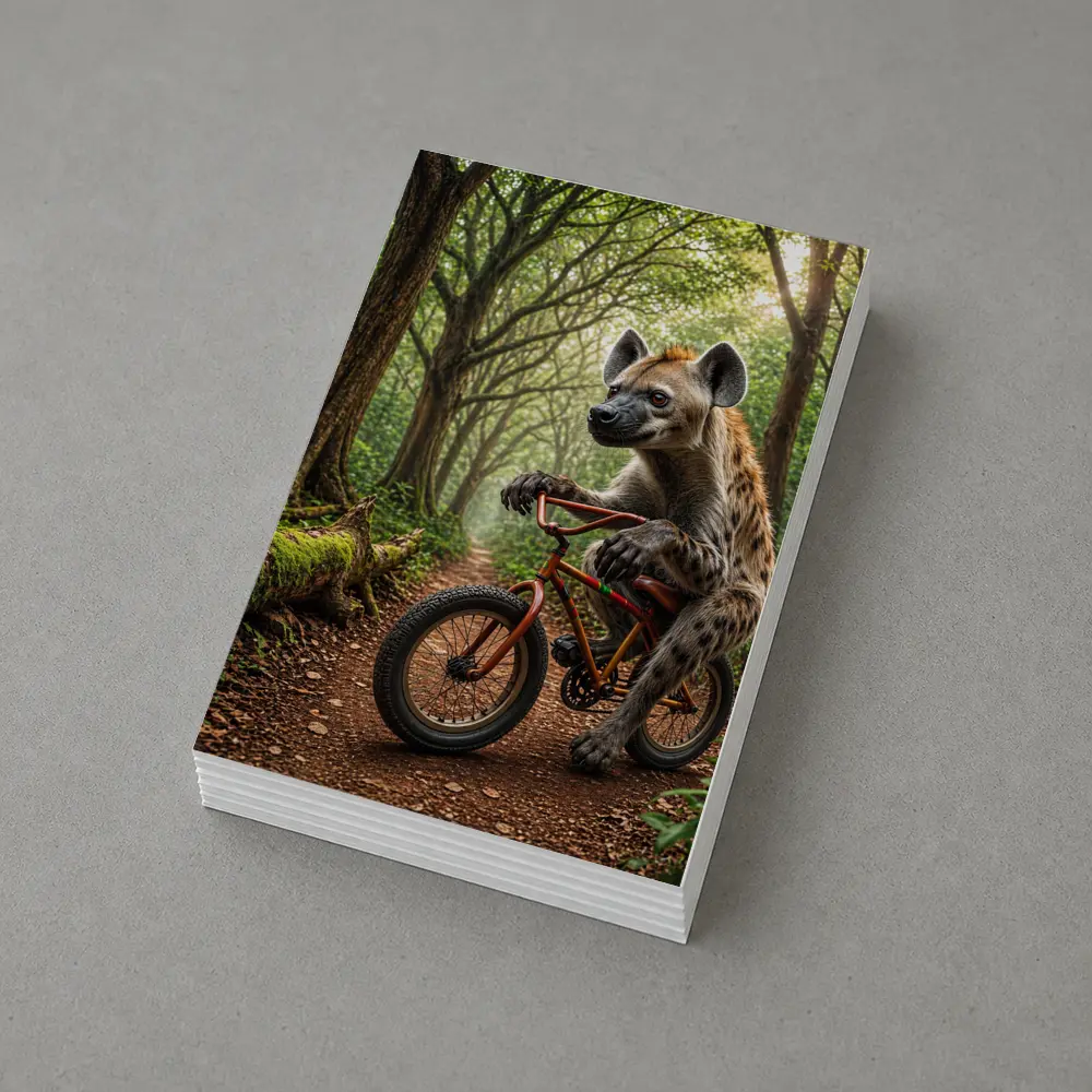 Hyena Riding Bicycle Through Forest Path – Postcards