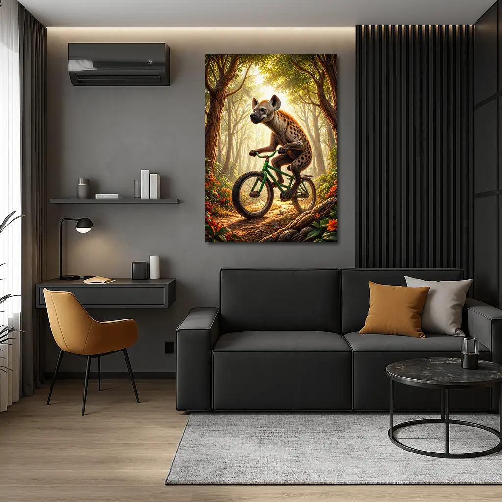 Hyena Riding Bicycle Through Forest – Wall Art