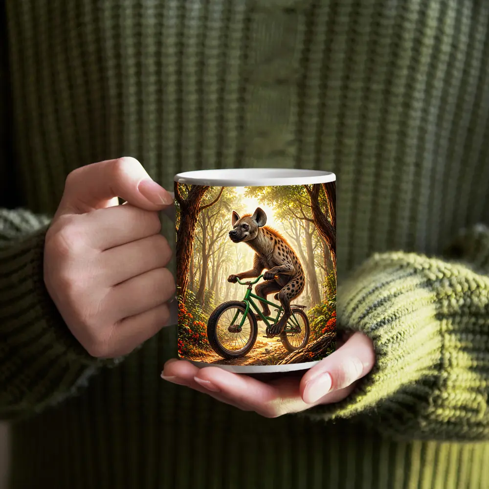 Hyena Riding Bicycle Through Forest – Mugs