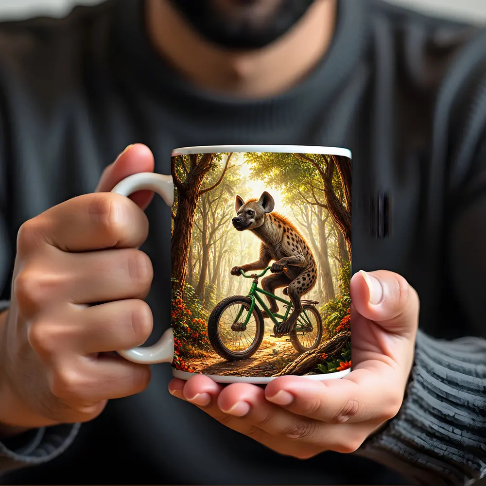 Hyena Riding Bicycle Through Forest – Mugs