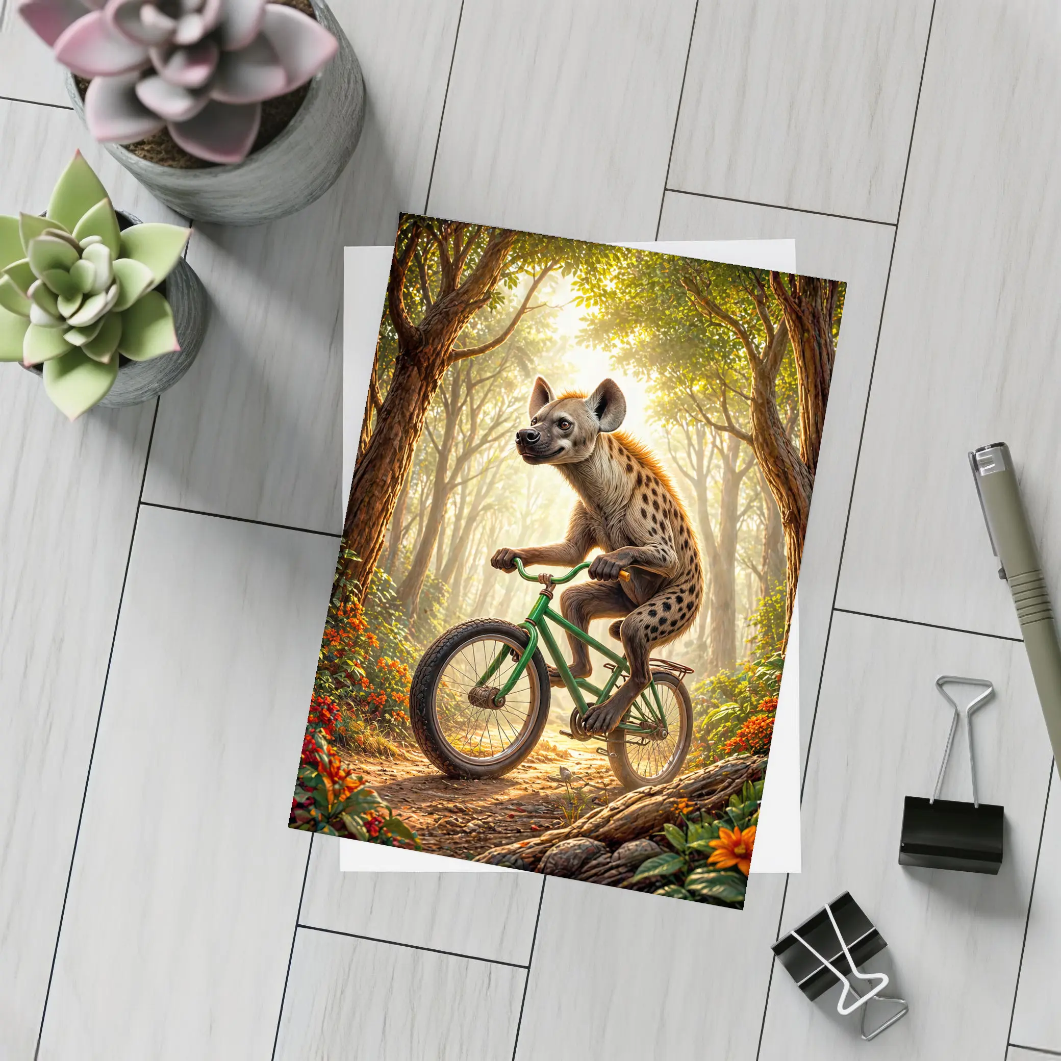 Hyena Riding Bicycle Through Forest – Postcards