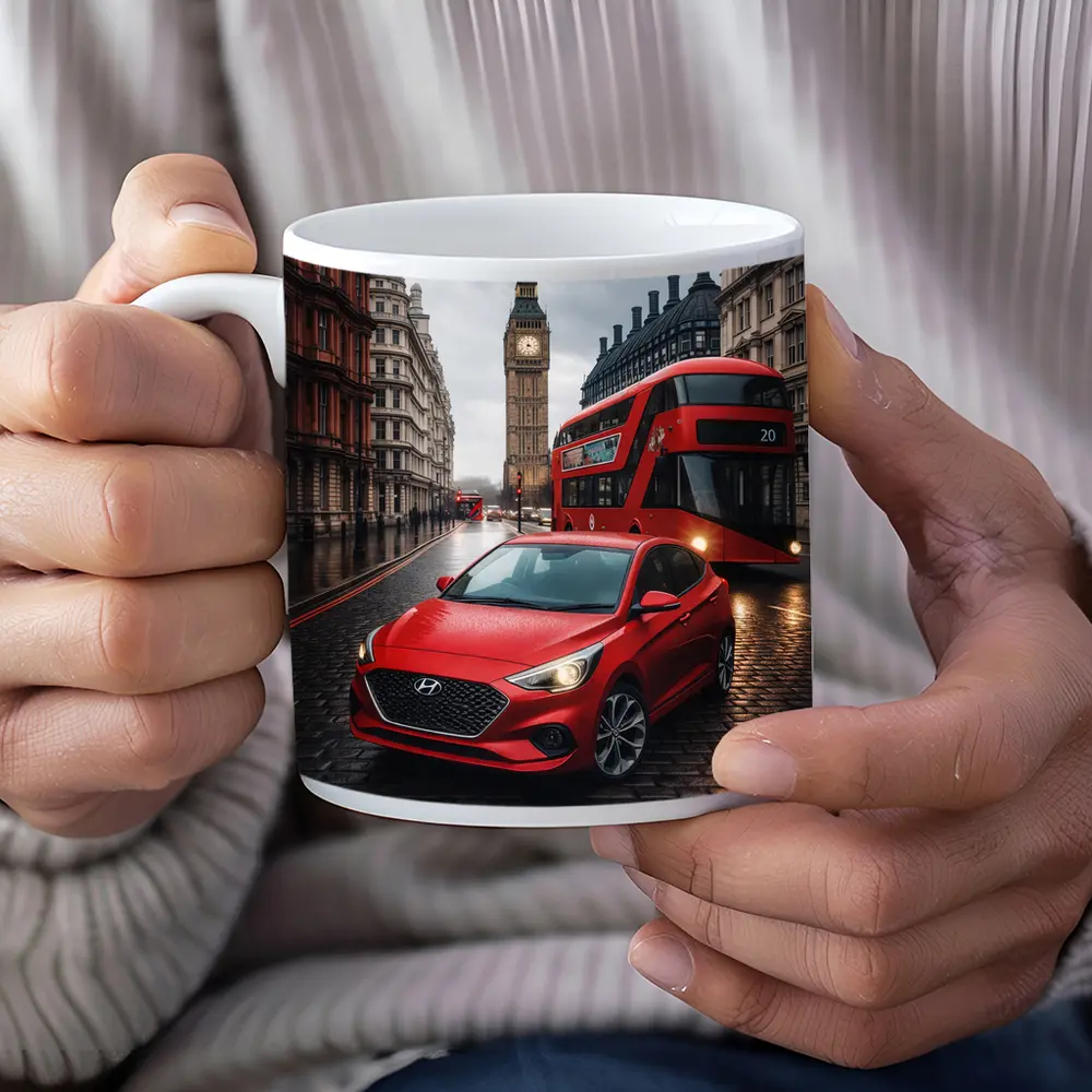 Hyundai Accent Red Car London Streets – Mugs