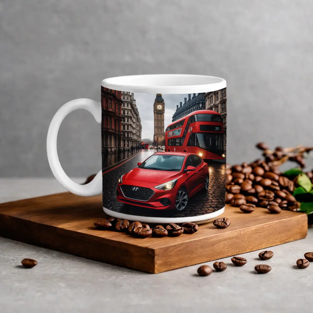 Hyundai Accent Red Car London Streets – Mugs