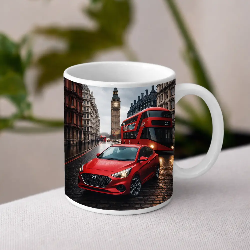 Hyundai Accent Red Car London Streets – Mugs