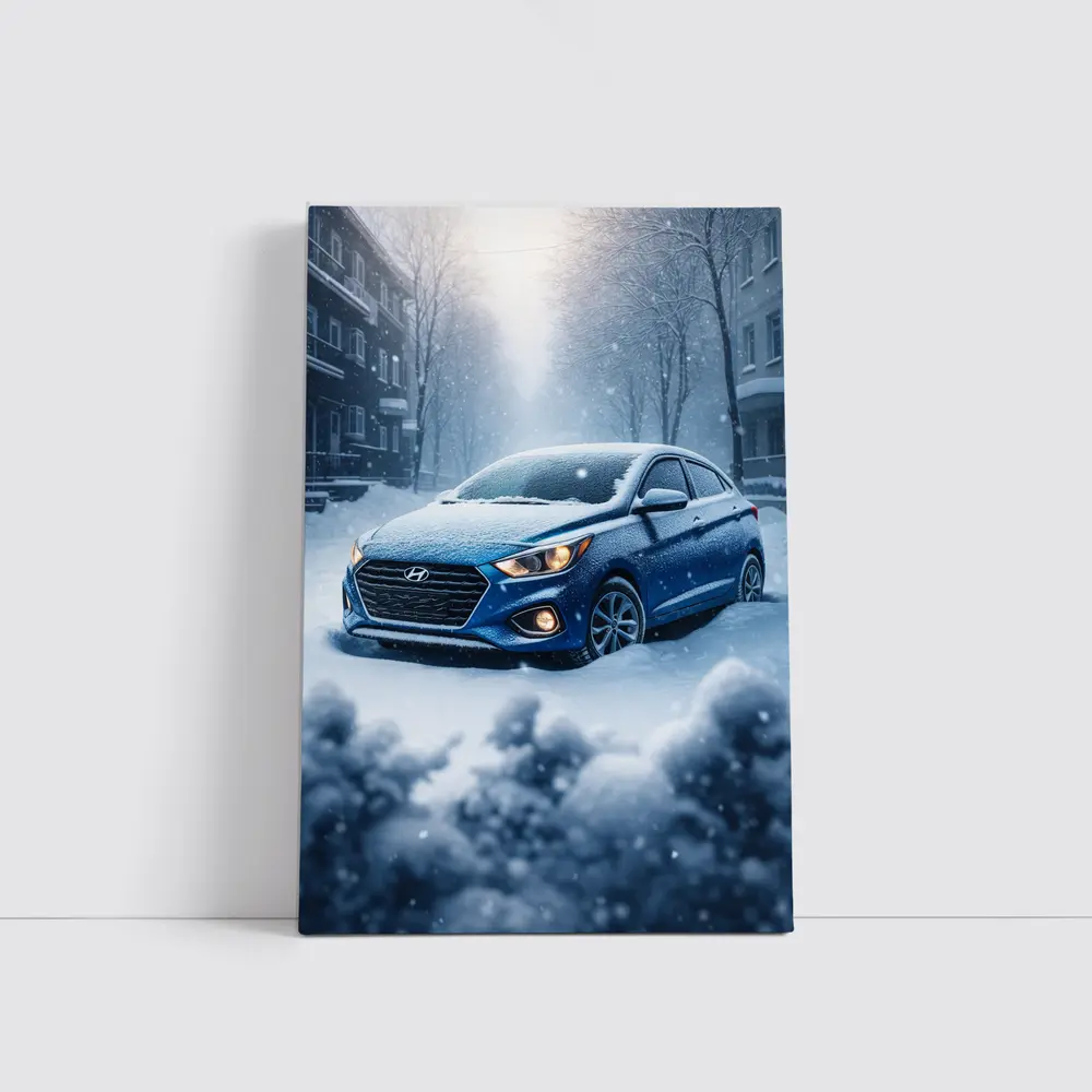 Hyundai Accent Blue in Heavy Snowfall – Wall Art