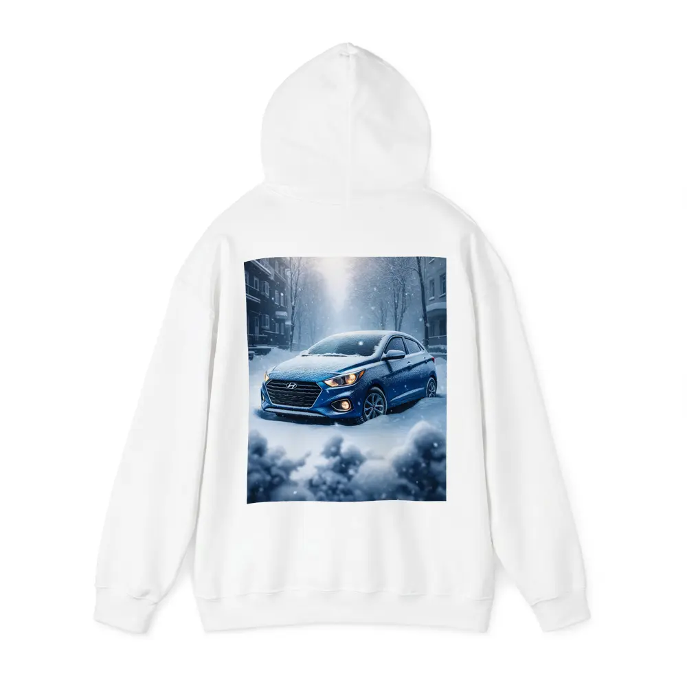 Hyundai Accent Blue in Heavy Snowfall – Hoodies