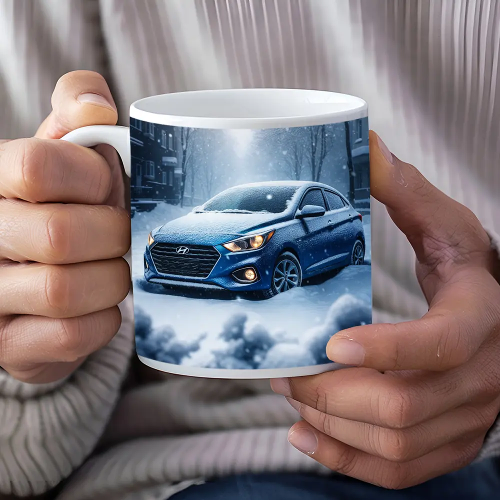 Hyundai Accent Blue in Heavy Snowfall – Mugs