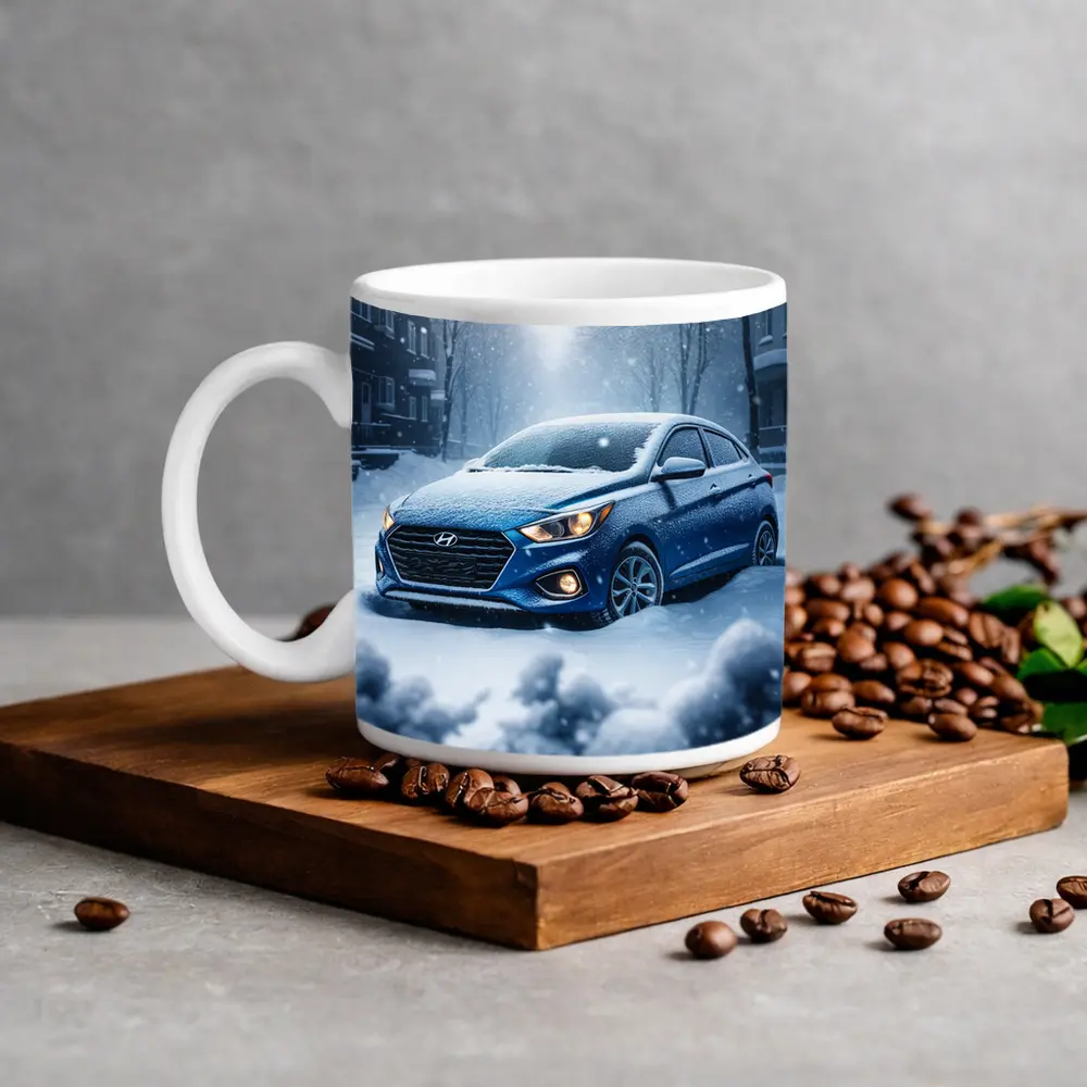 Hyundai Accent Blue in Heavy Snowfall – Mugs