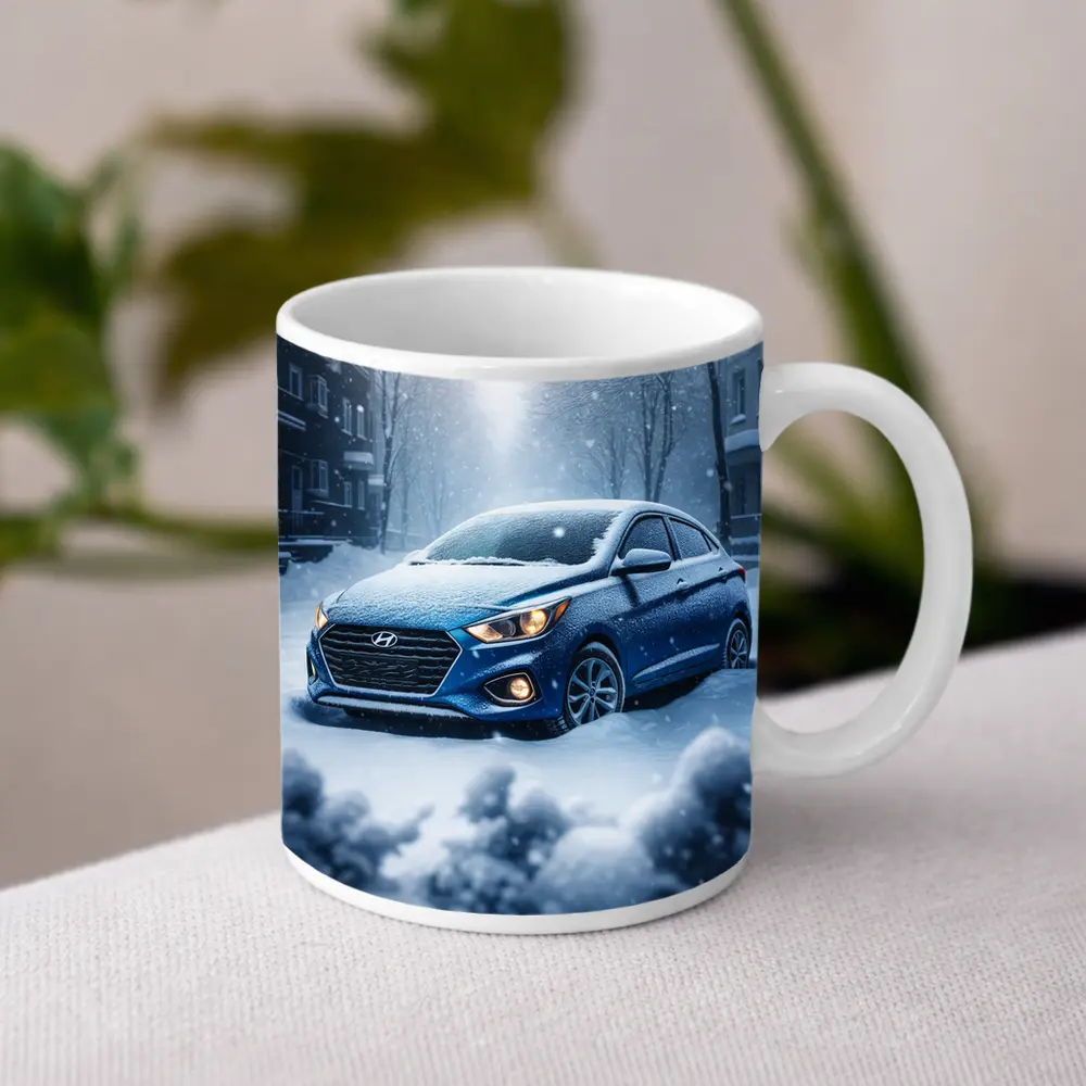 Hyundai Accent Blue in Heavy Snowfall – Mugs