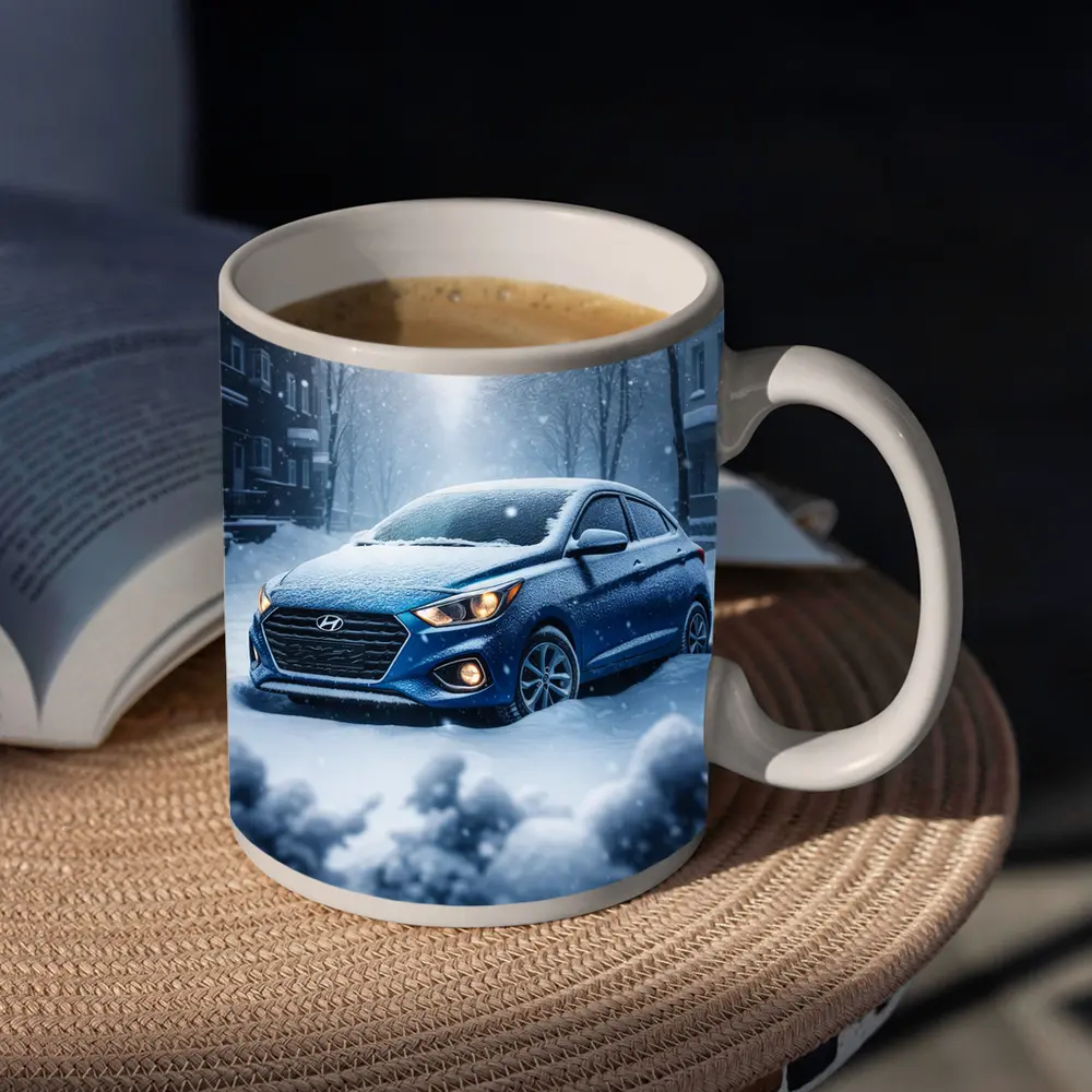 Hyundai Accent Blue in Heavy Snowfall – Mugs