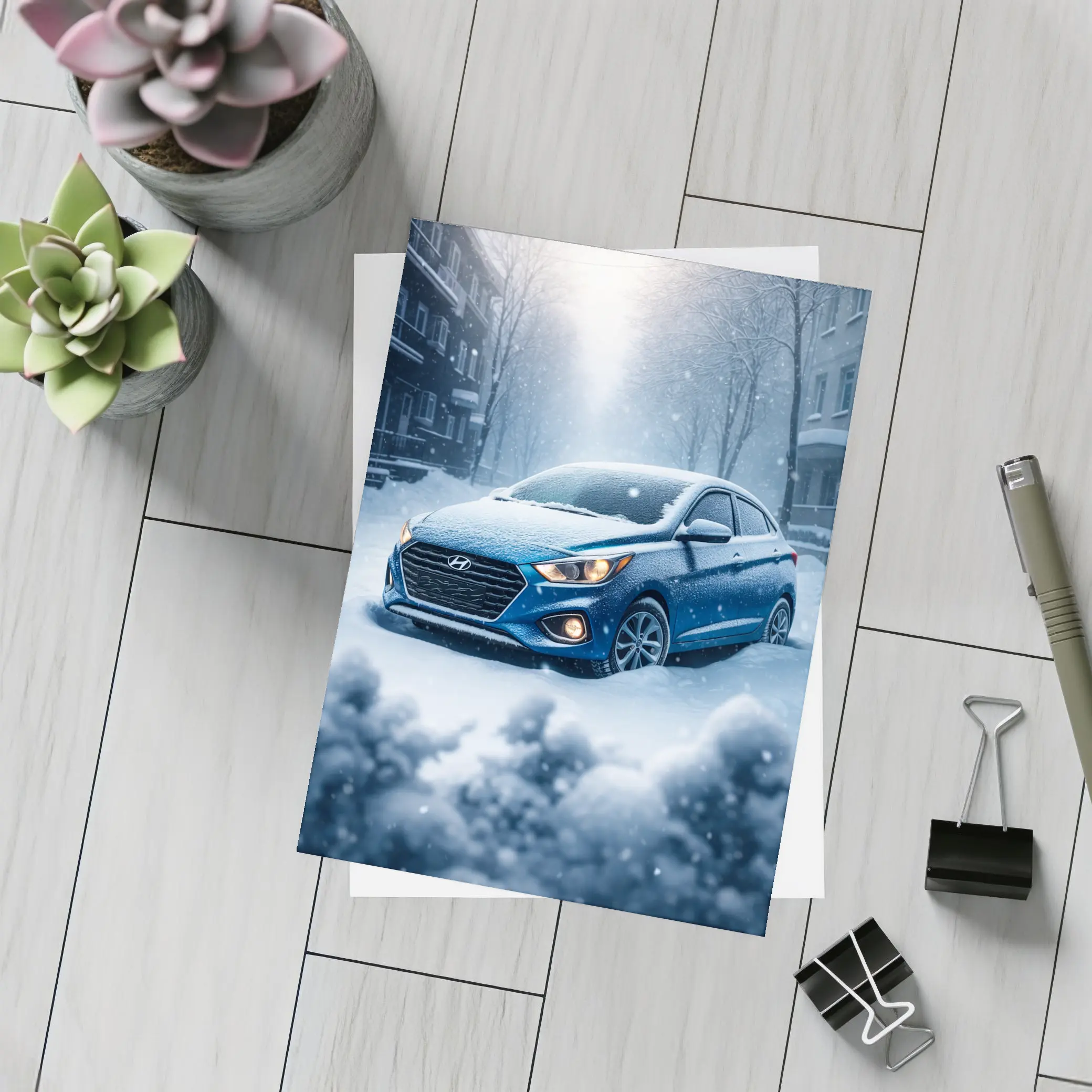 Hyundai Accent Blue in Heavy Snowfall – Postcards