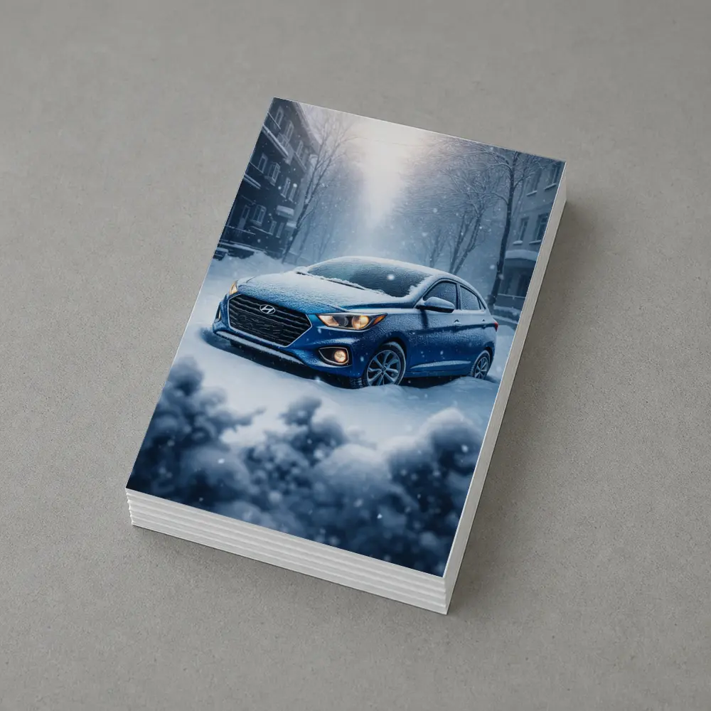 Hyundai Accent Blue in Heavy Snowfall – Postcards