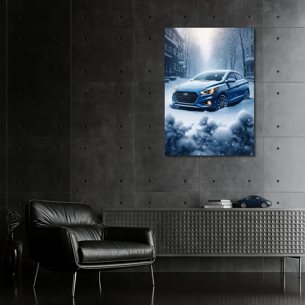 Hyundai Accent Blue in Heavy Snowfall – Wall Art