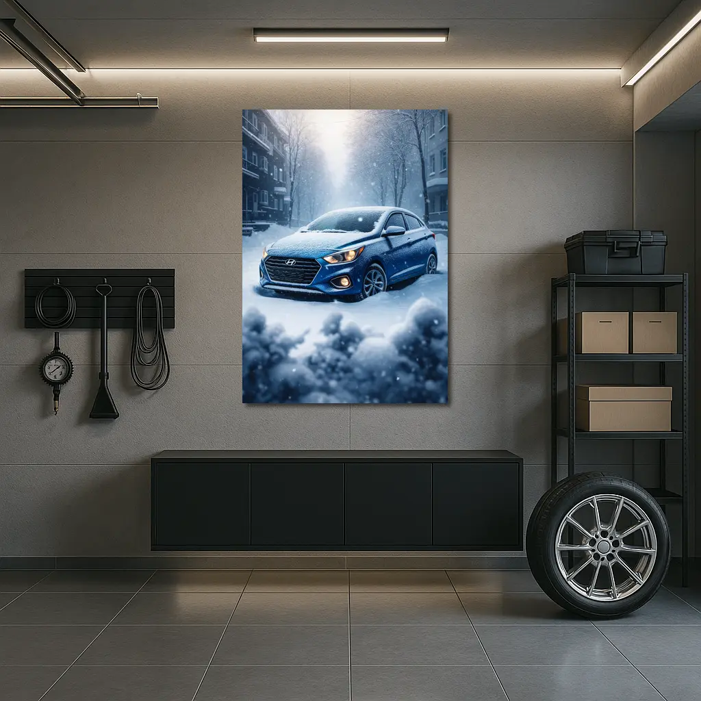 Hyundai Accent Blue in Heavy Snowfall – Wall Art