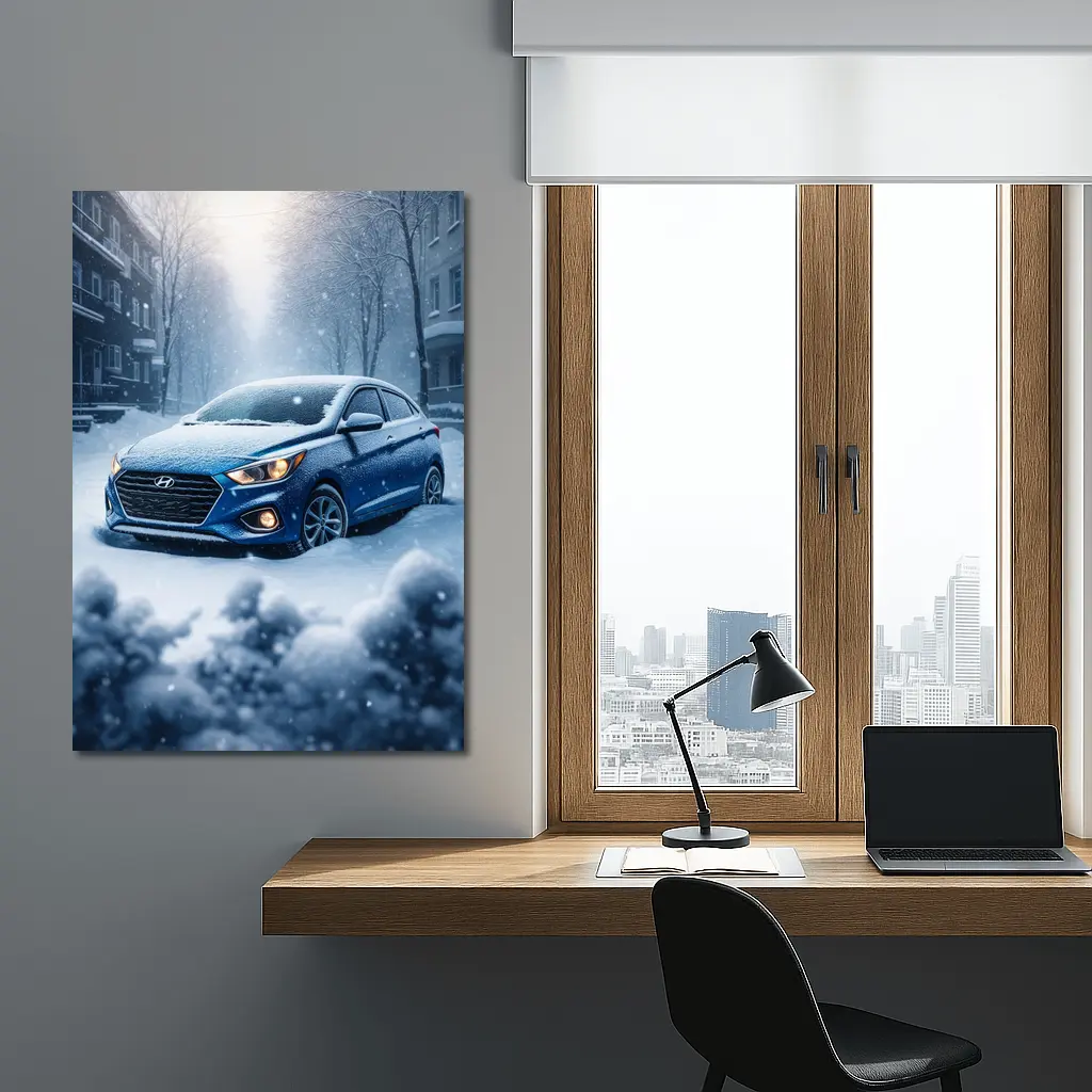 Hyundai Accent Blue in Heavy Snowfall – Wall Art