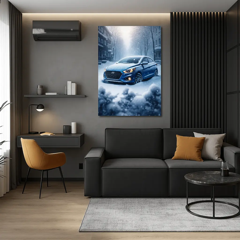 Hyundai Accent Blue in Heavy Snowfall – Wall Art