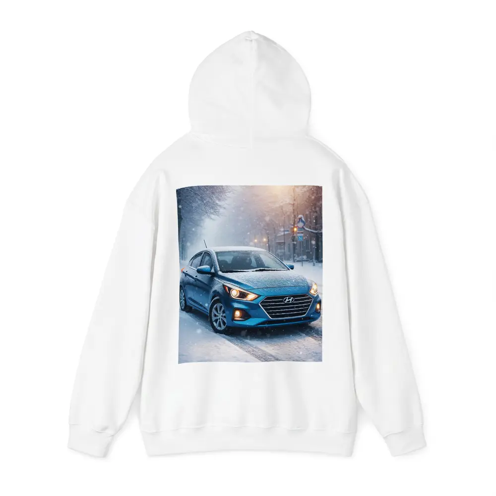 Hyundai Accent Blue Sedan Winter Snow Street – Hoodies