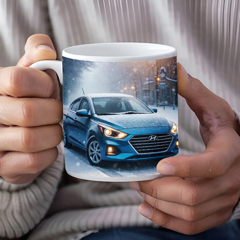 Hyundai Accent Blue Sedan Winter Snow Street – Mugs