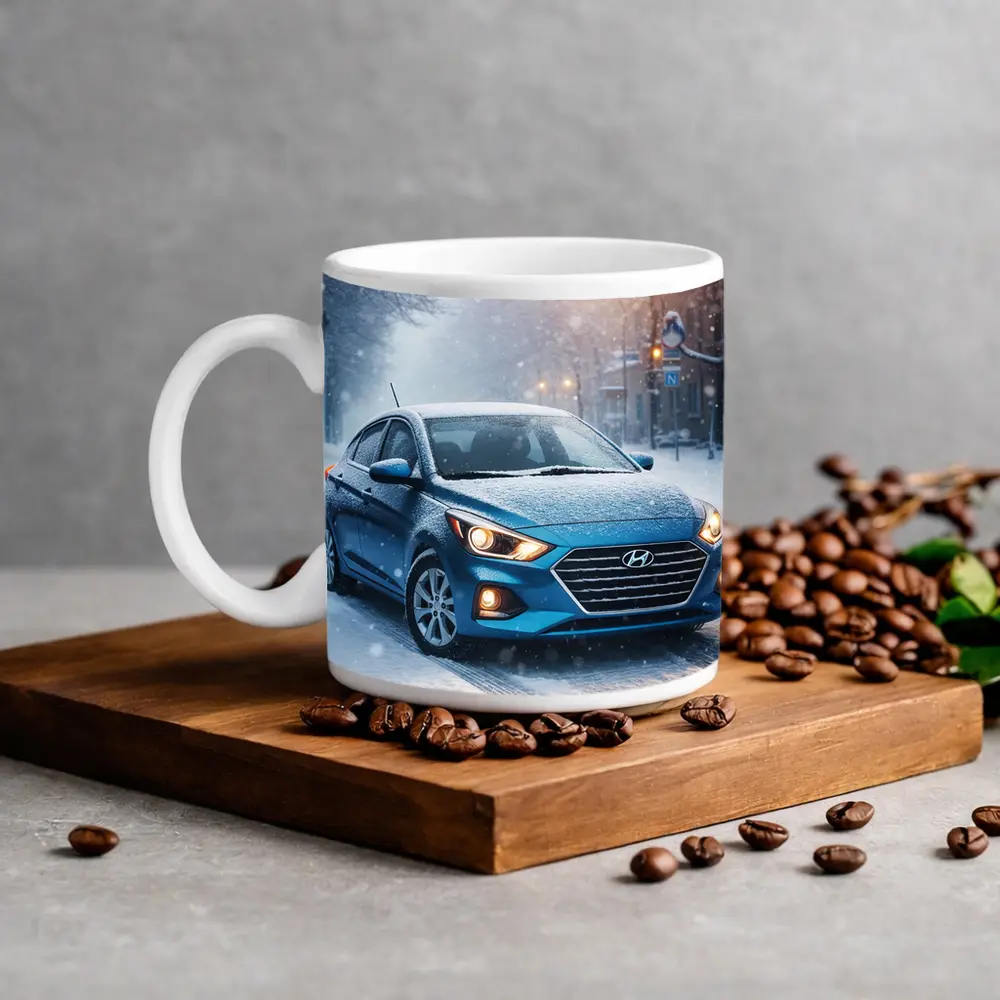 Hyundai Accent Blue Sedan Winter Snow Street – Mugs