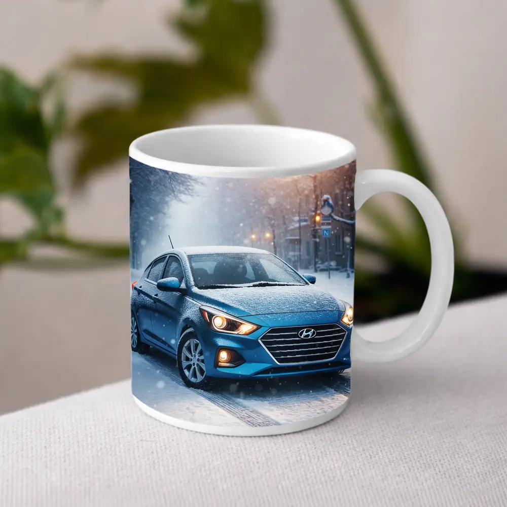 Hyundai Accent Blue Sedan Winter Snow Street – Mugs