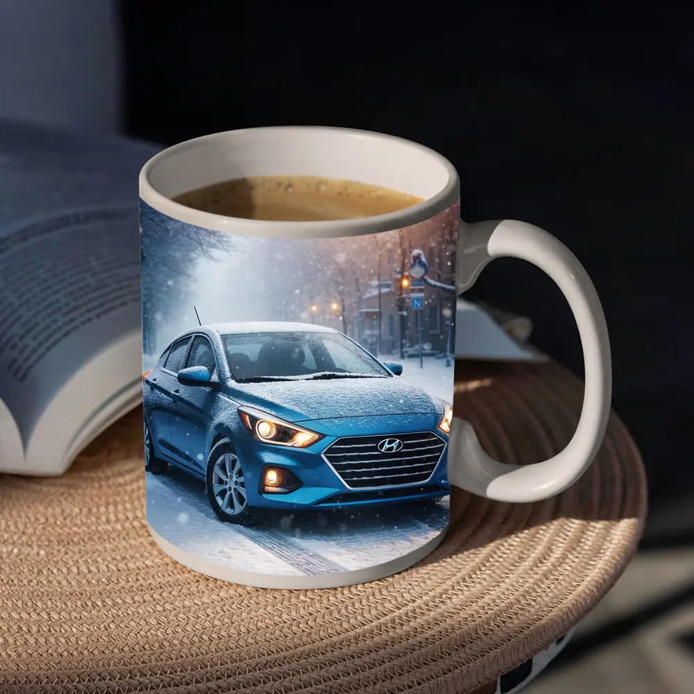 Hyundai Accent Blue Sedan Winter Snow Street – Mugs