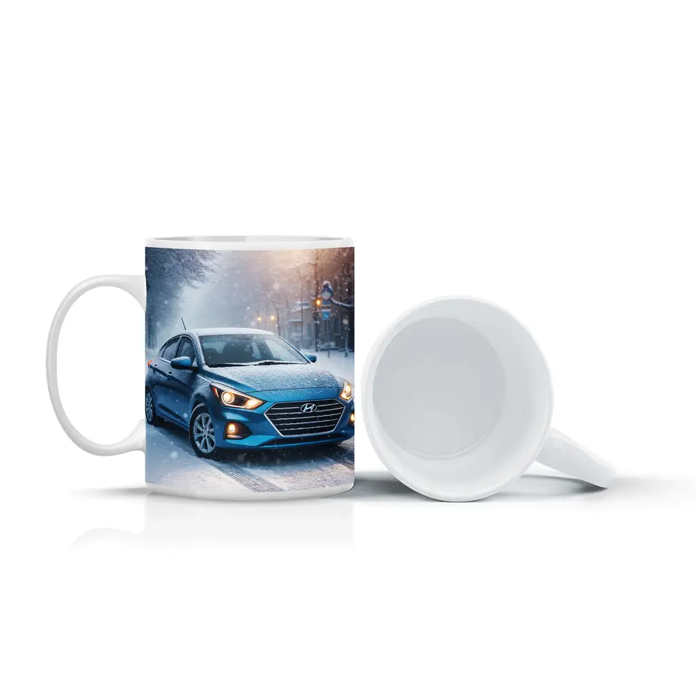 Hyundai Accent Blue Sedan Winter Snow Street – Mugs
