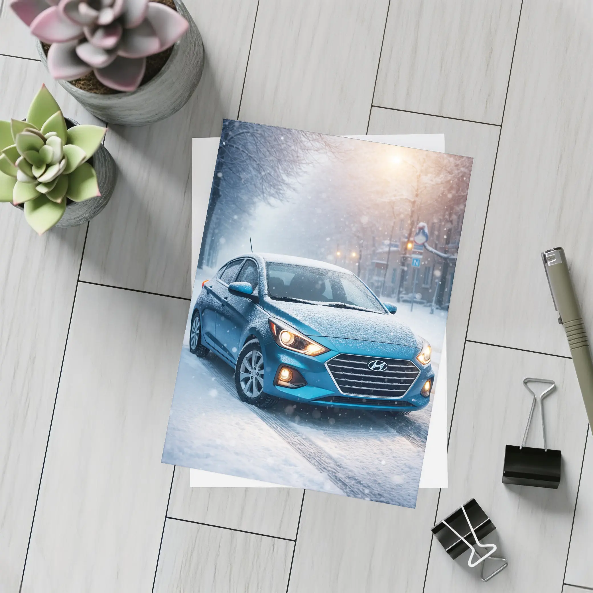 Hyundai Accent Blue Sedan Winter Snow Street – Postcards