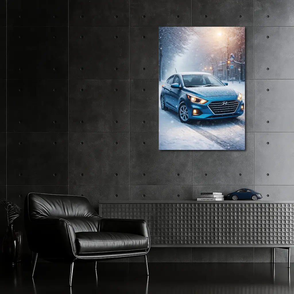 Hyundai Accent Blue Sedan Winter Snow Street – Wall Art