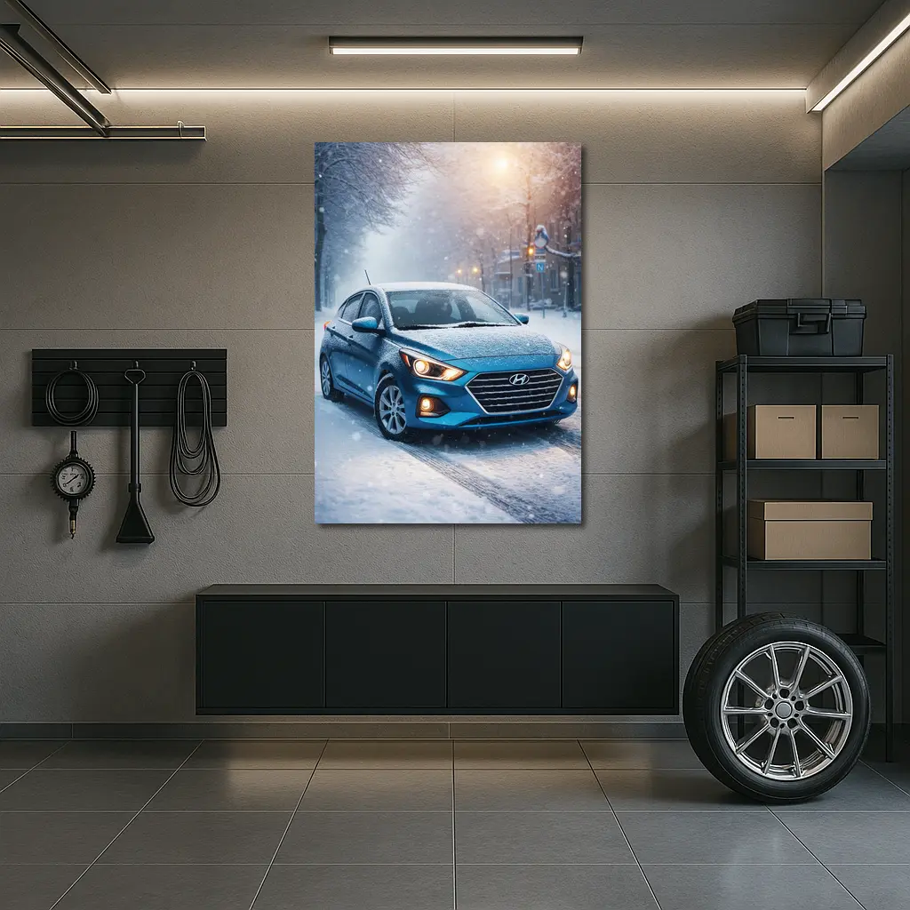 Hyundai Accent Blue Sedan Winter Snow Street – Wall Art