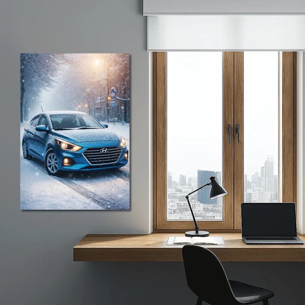 Hyundai Accent Blue Sedan Winter Snow Street – Wall Art