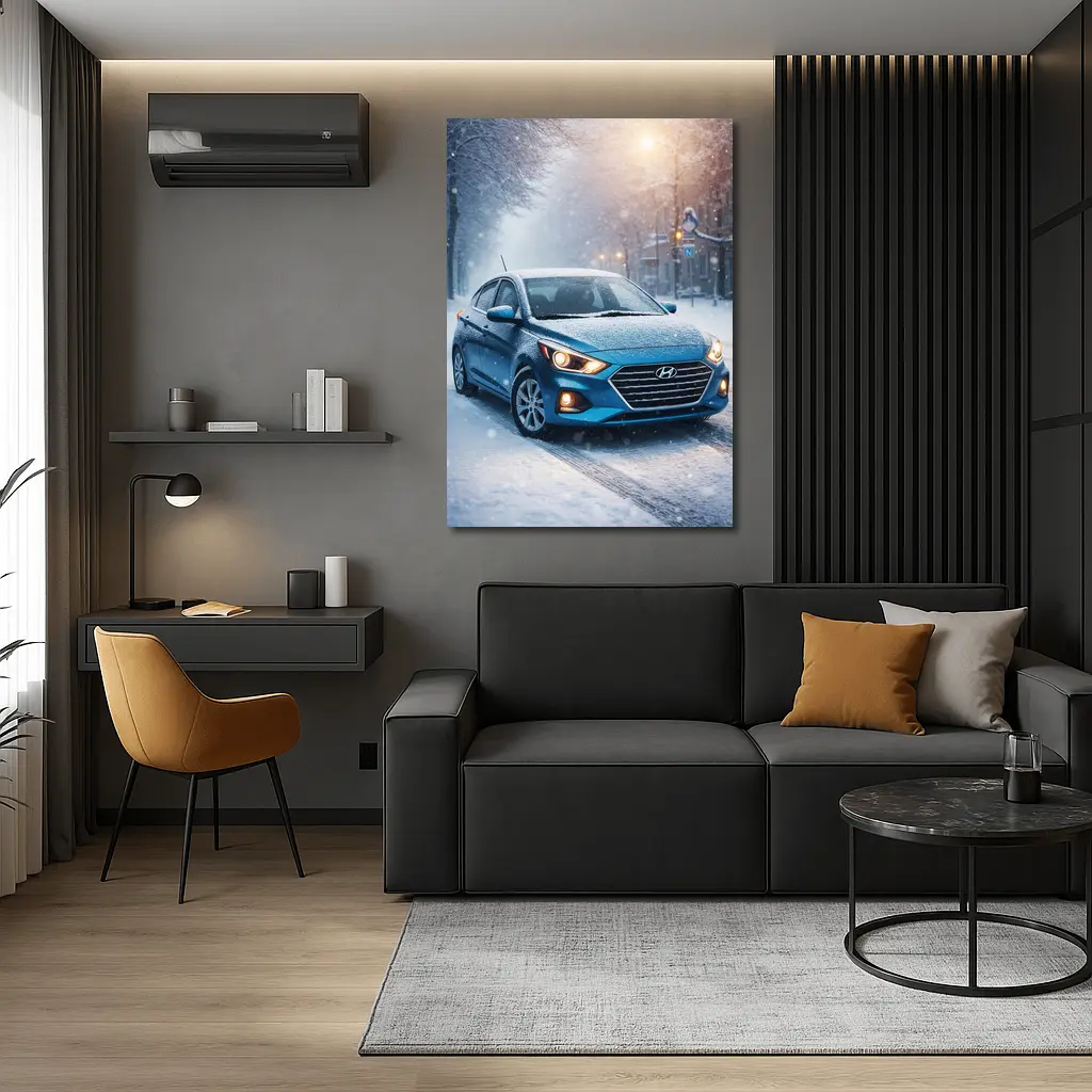 Hyundai Accent Blue Sedan Winter Snow Street – Wall Art