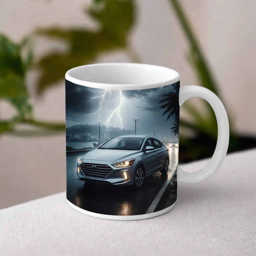 Hyundai Elantra Driving Through Stormy Night – Mugs