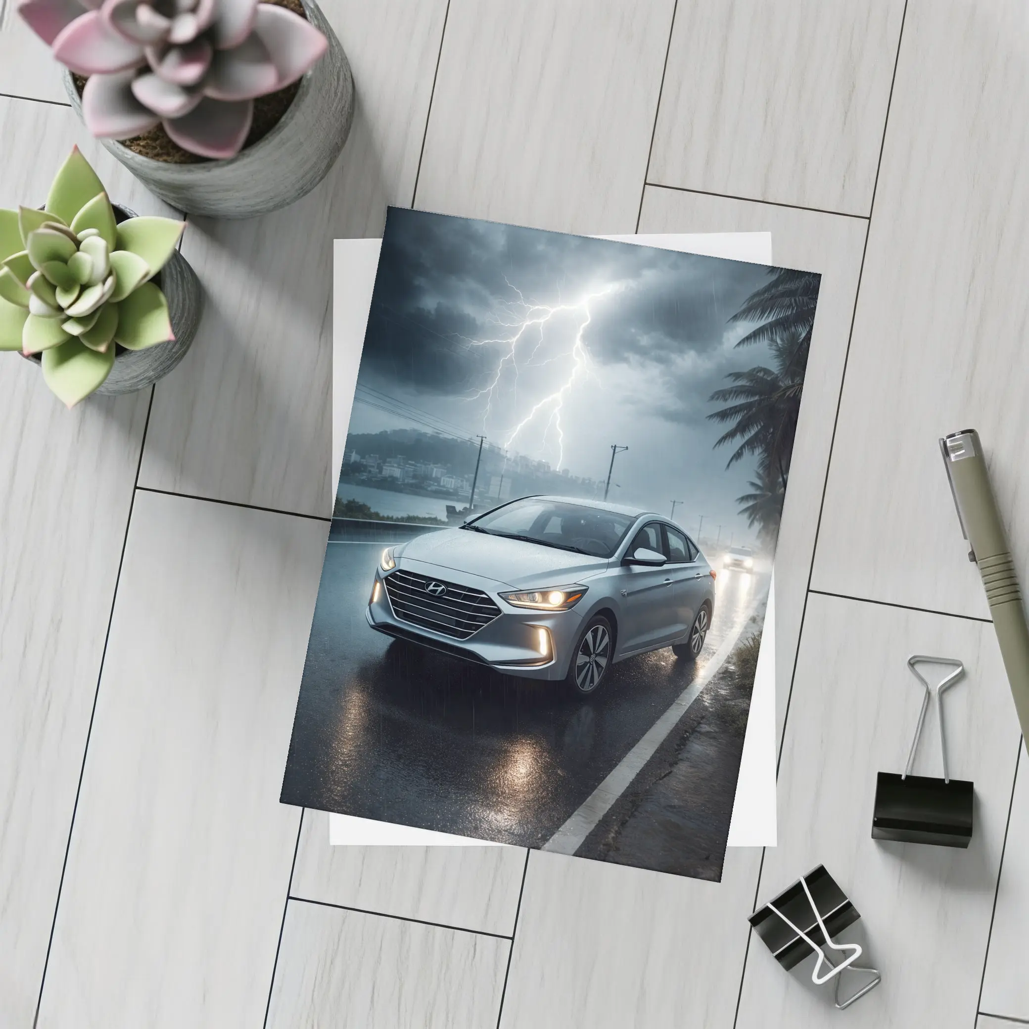 Hyundai Elantra Driving Through Stormy Night – Postcards