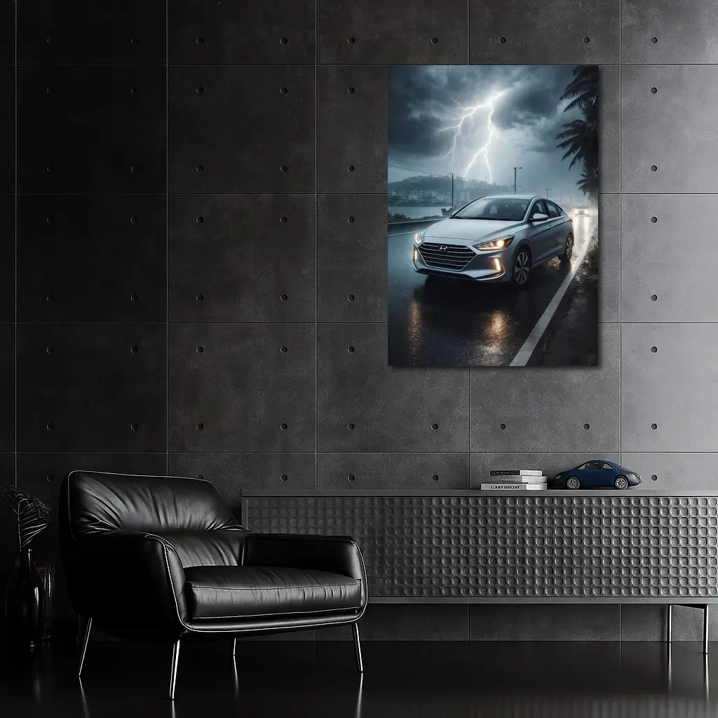 Hyundai Elantra Driving Through Stormy Night – Wall Art
