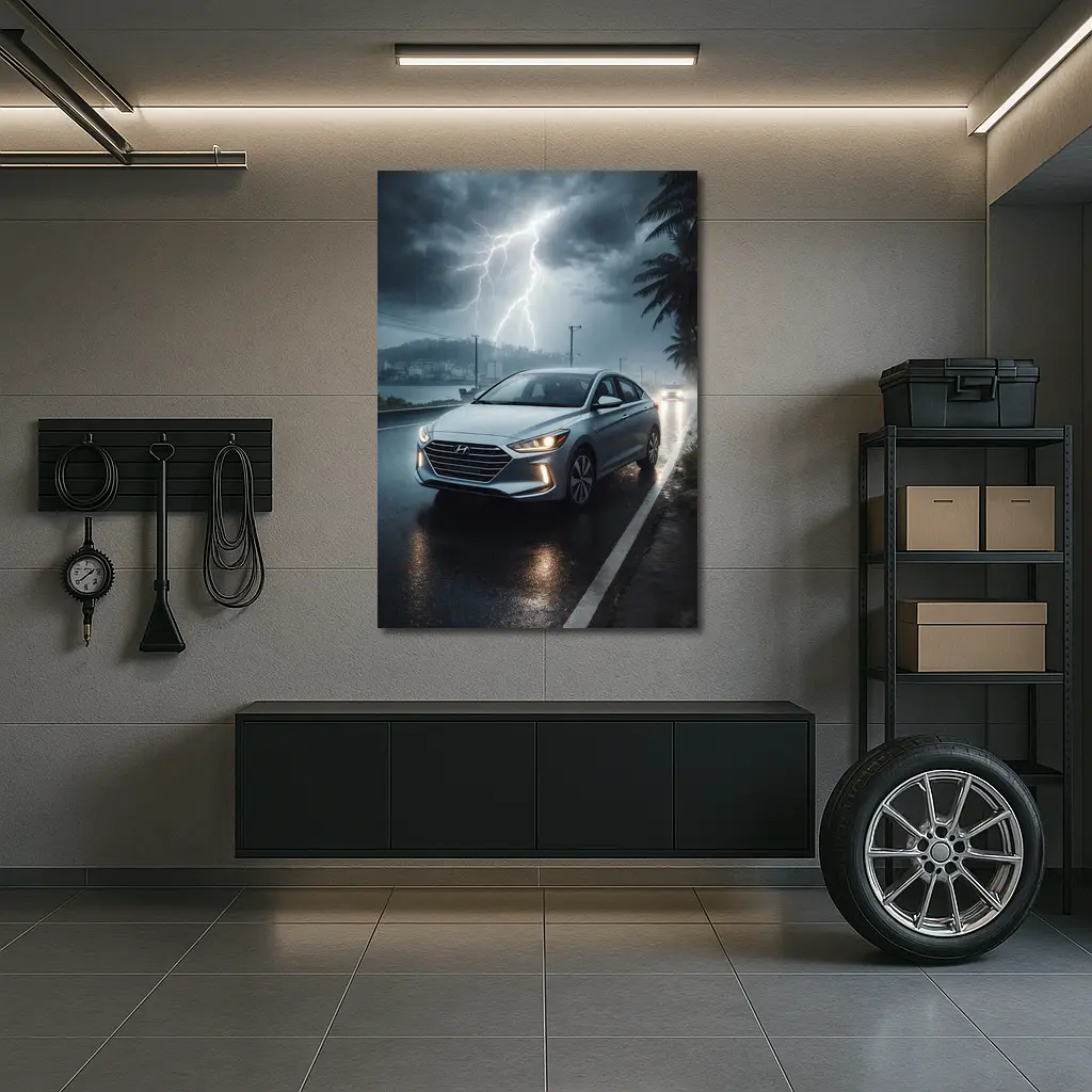 Hyundai Elantra Driving Through Stormy Night – Wall Art