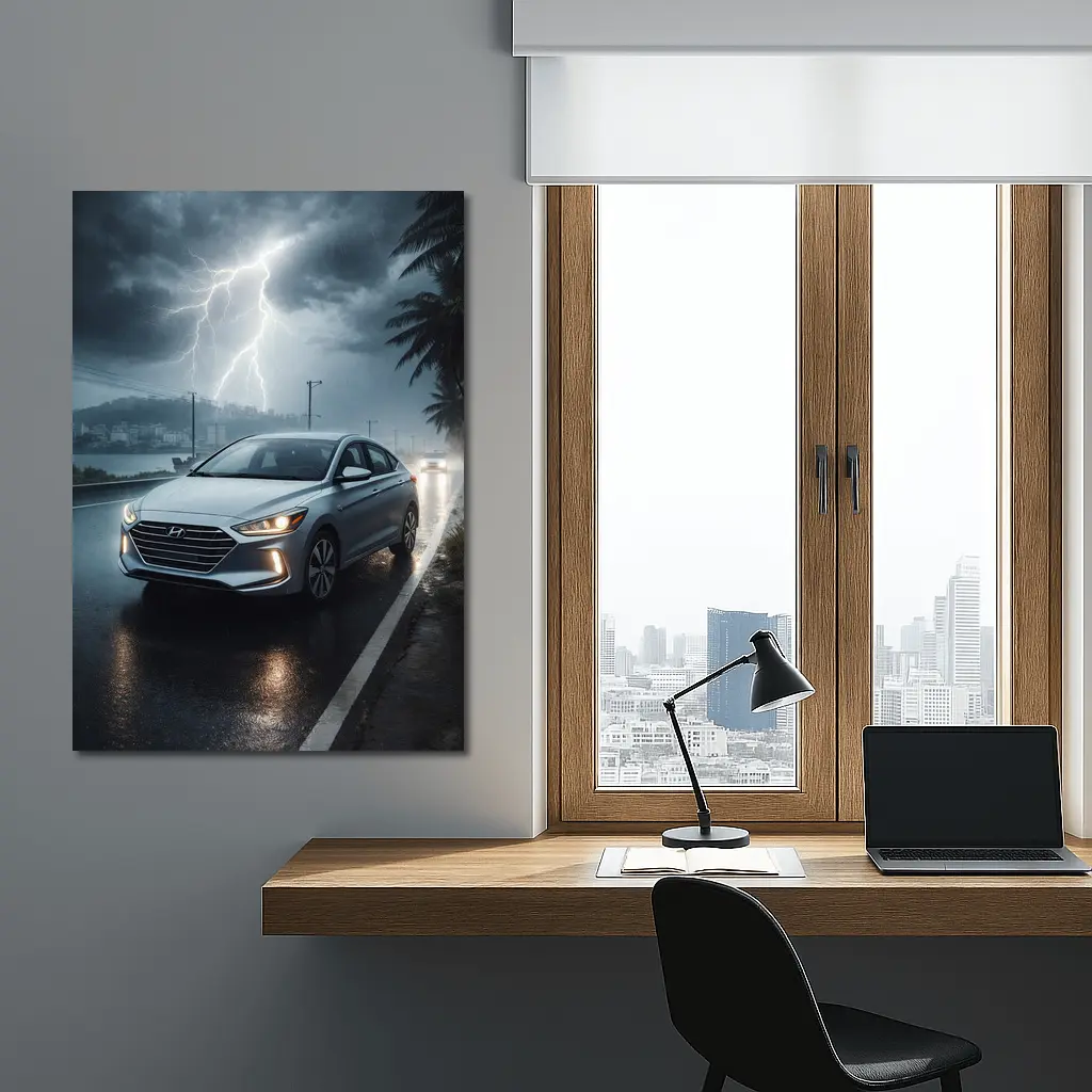Hyundai Elantra Driving Through Stormy Night – Wall Art