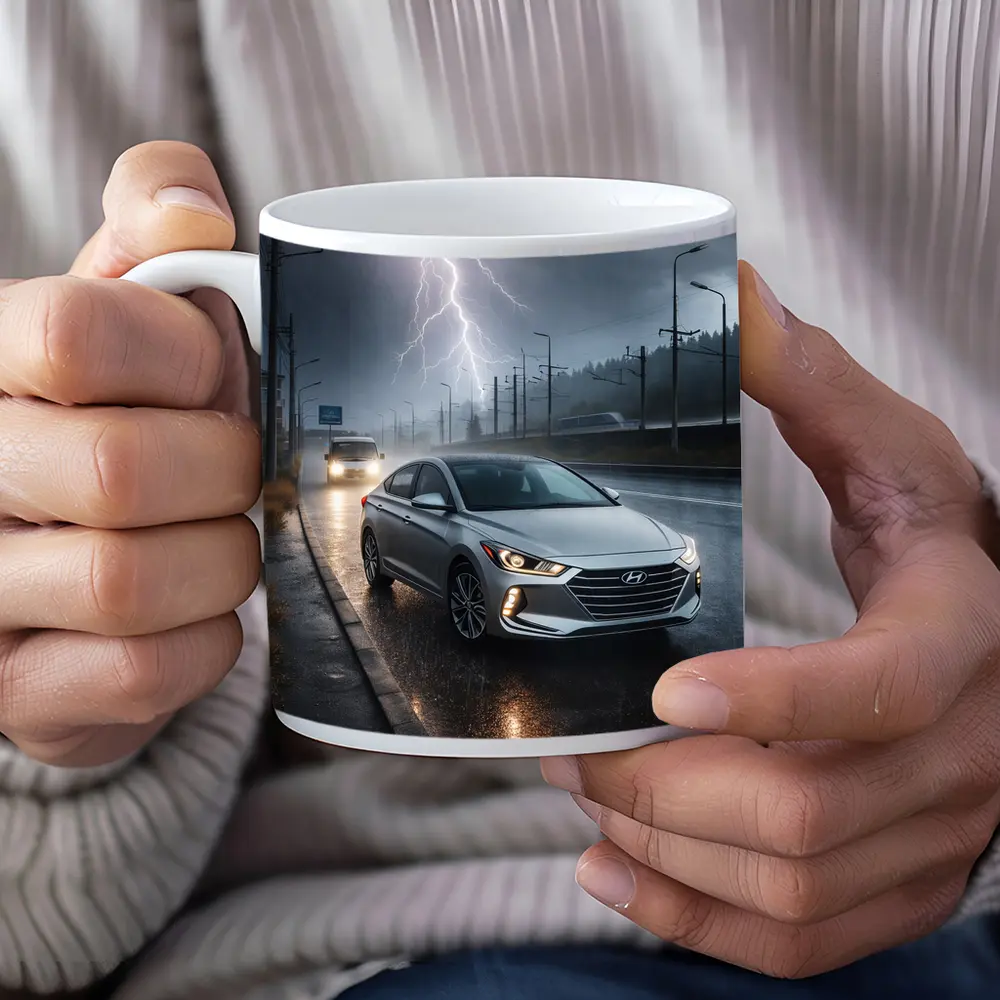 Hyundai Elantra Driving Through Stormy Night – Mugs