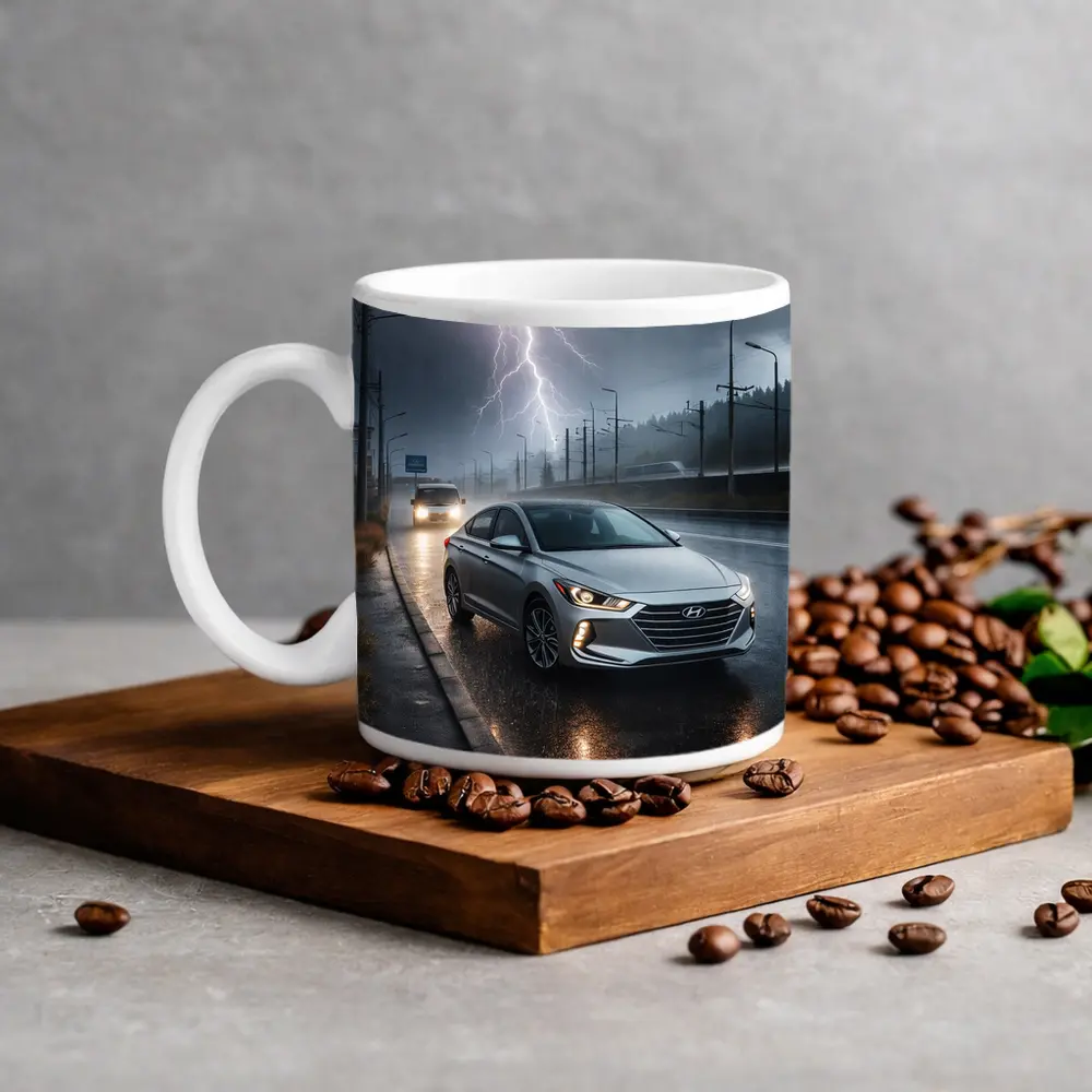Hyundai Elantra Driving Through Stormy Night – Mugs