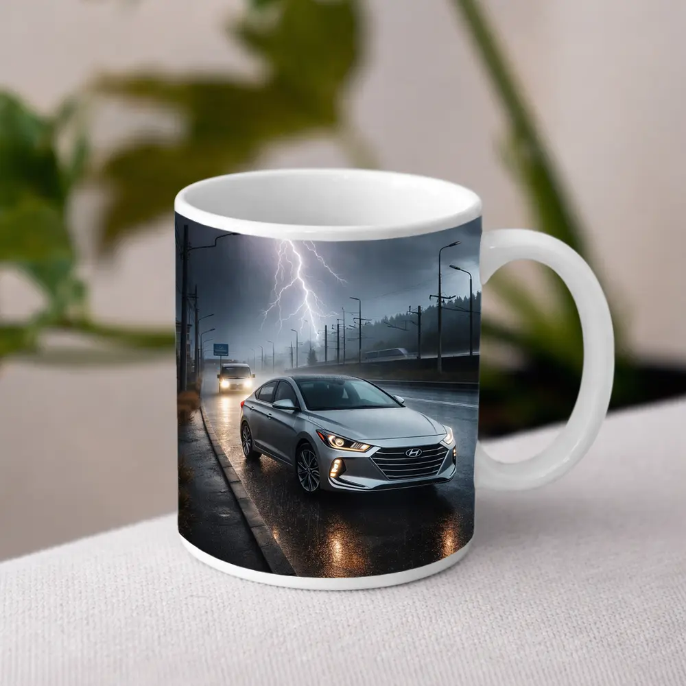 Hyundai Elantra Driving Through Stormy Night – Mugs