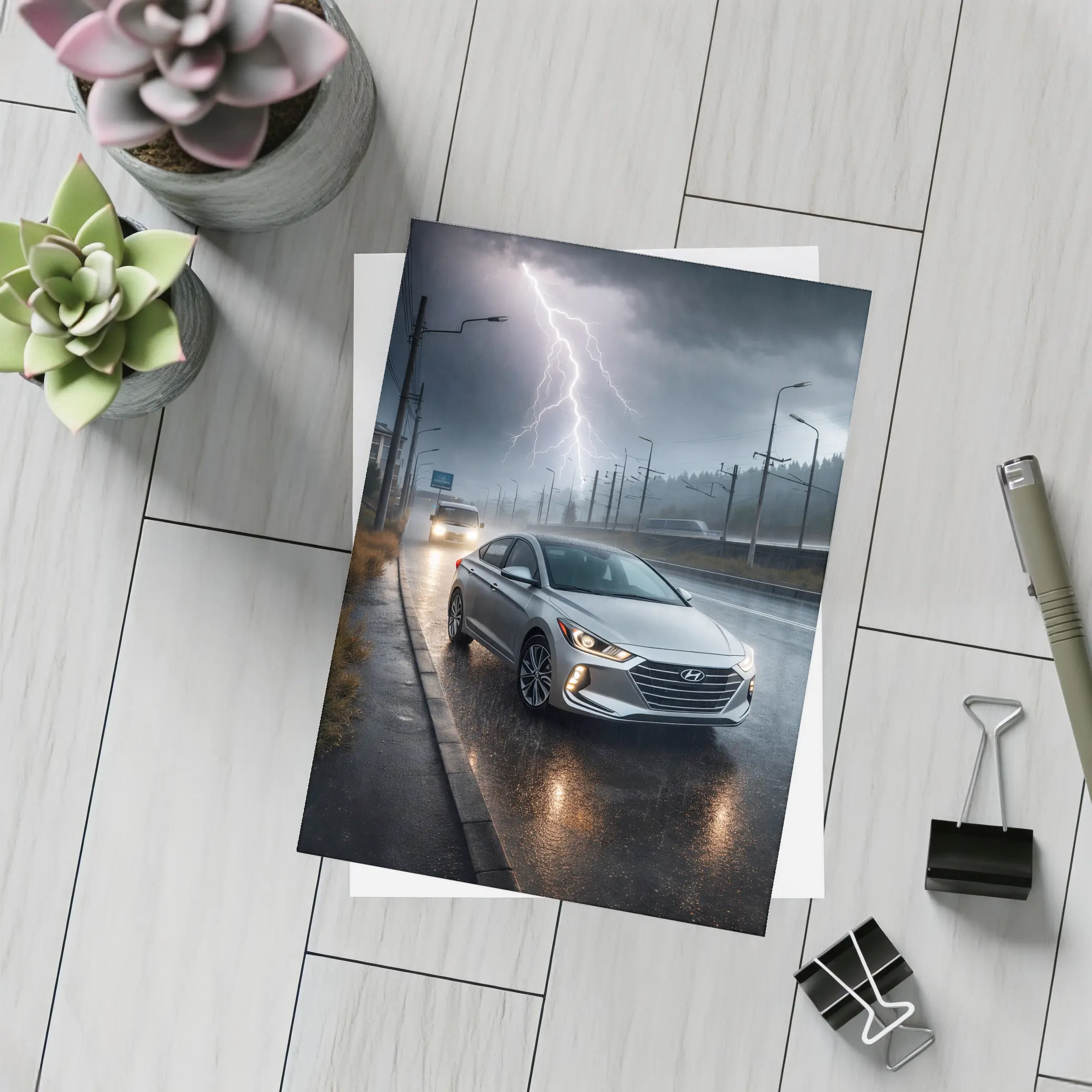 Hyundai Elantra Driving Through Stormy Night – Postcards