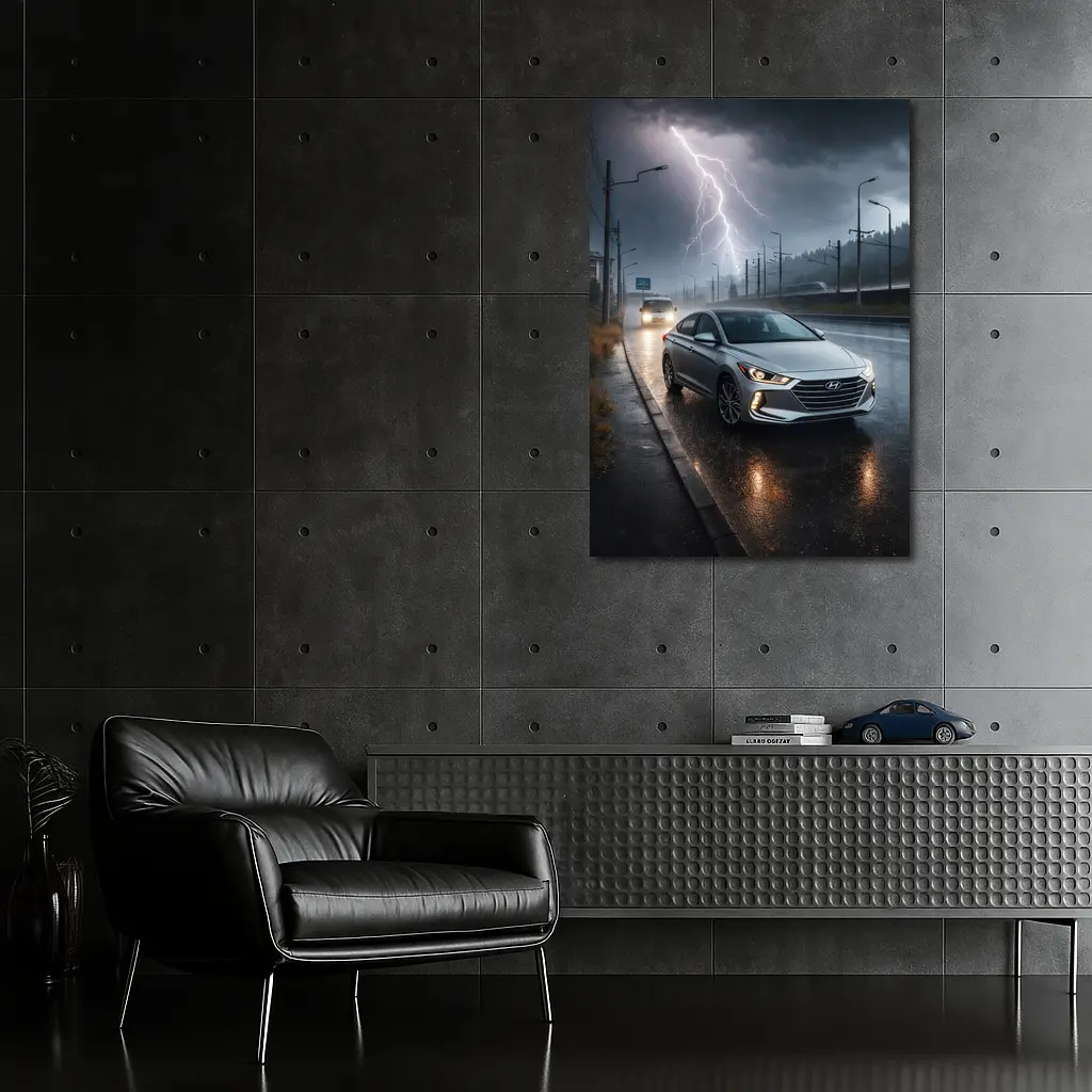 Hyundai Elantra Driving Through Stormy Night – Wall Art