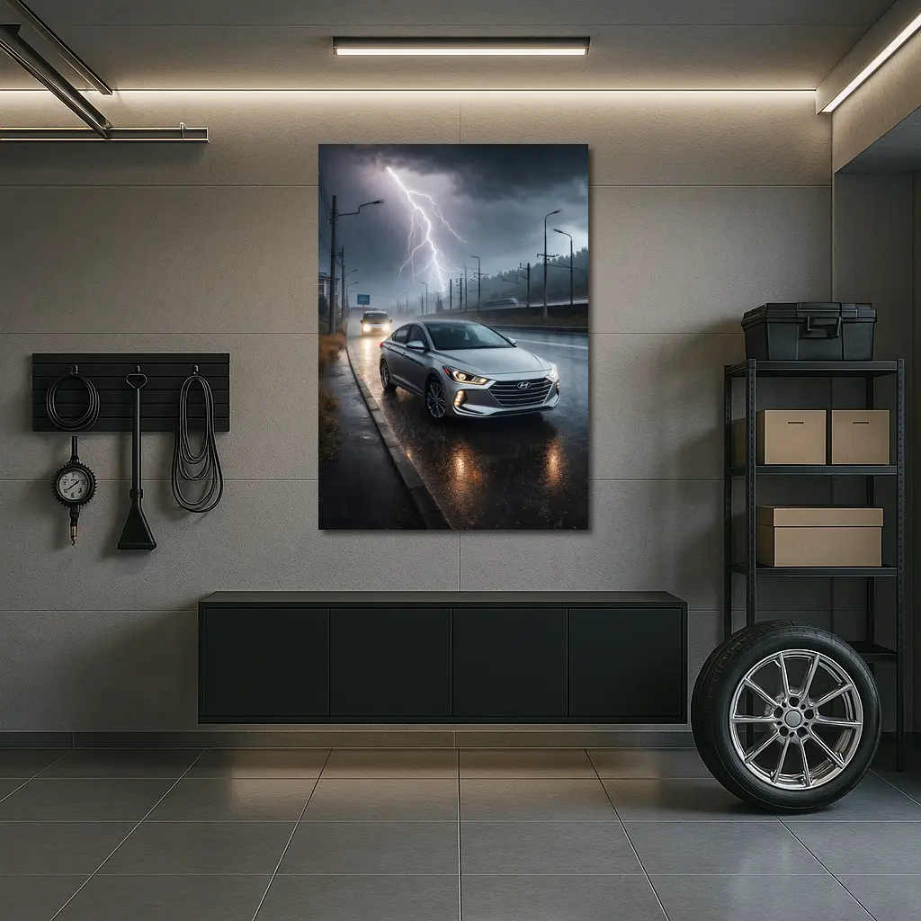Hyundai Elantra Driving Through Stormy Night – Wall Art