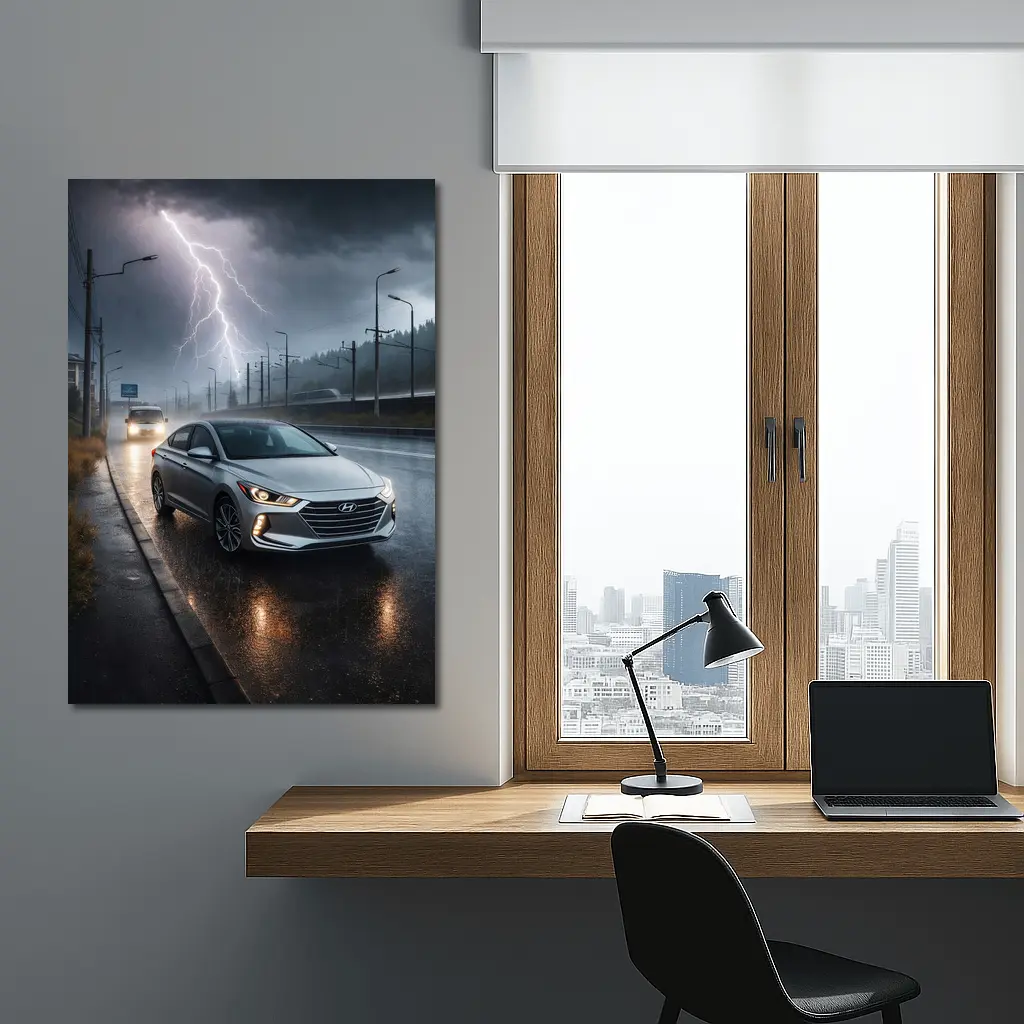 Hyundai Elantra Driving Through Stormy Night – Wall Art