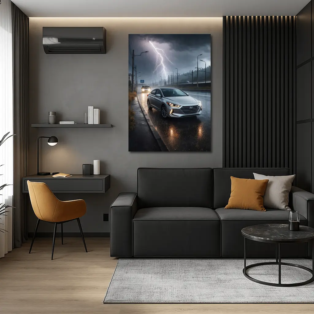 Hyundai Elantra Driving Through Stormy Night – Wall Art