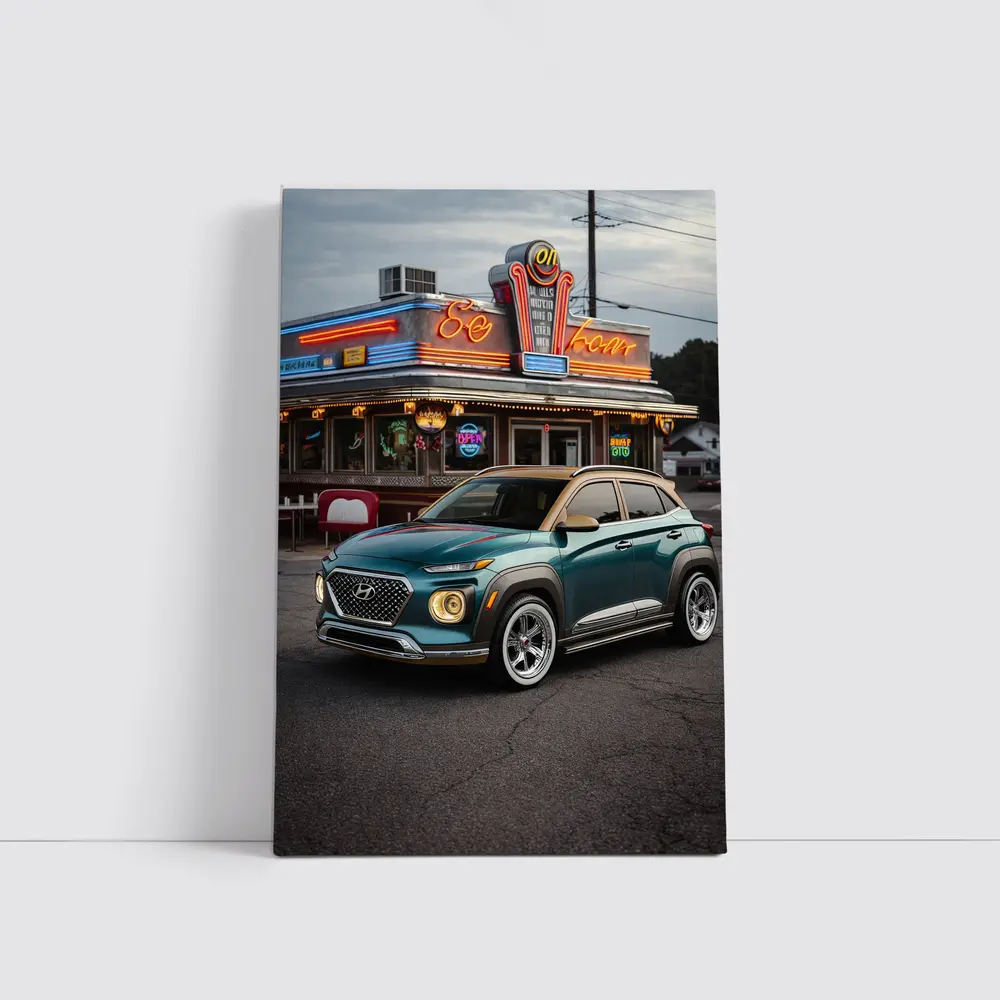 Hyundai Kona Parked Outside Retro Diner – Wall Art