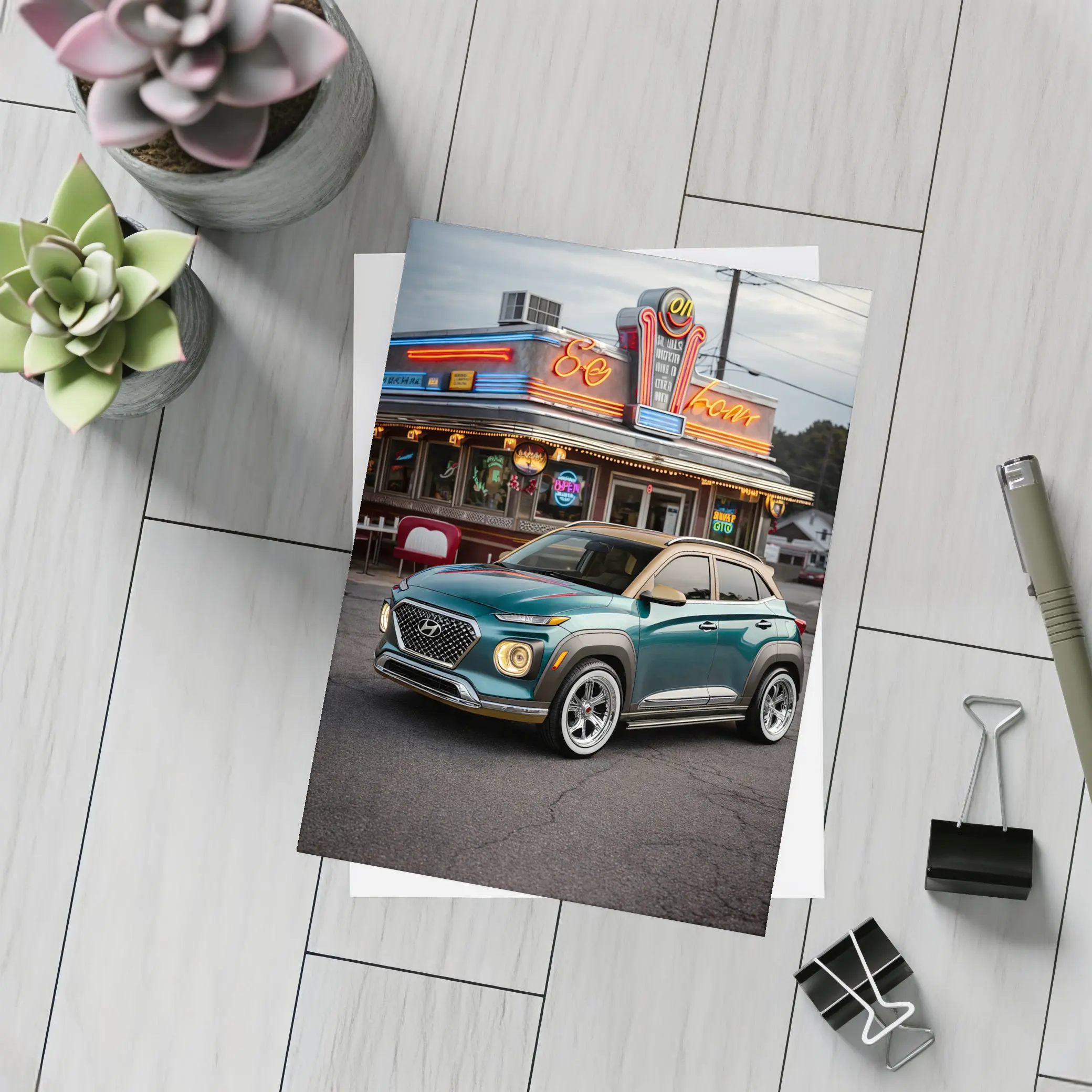Hyundai Kona Parked Outside Retro Diner – Postcards