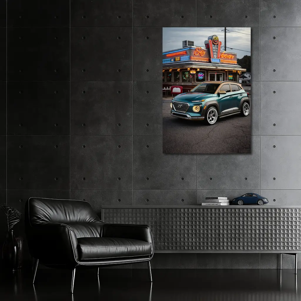 Hyundai Kona Parked Outside Retro Diner – Wall Art