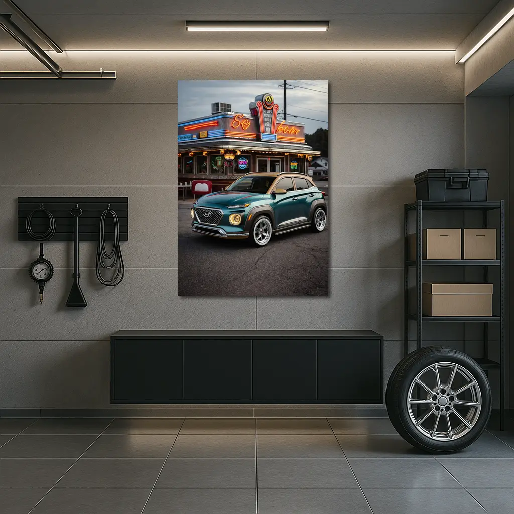 Hyundai Kona Parked Outside Retro Diner – Wall Art