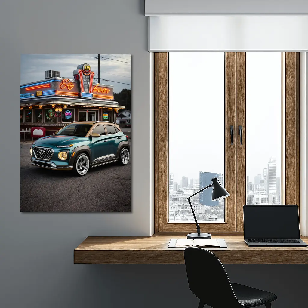 Hyundai Kona Parked Outside Retro Diner – Wall Art